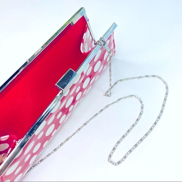 Nieman Marcus Hardshell PolkaDot Clutch Pink White Silver with Chain Polka Dot - Picture 2 of 8